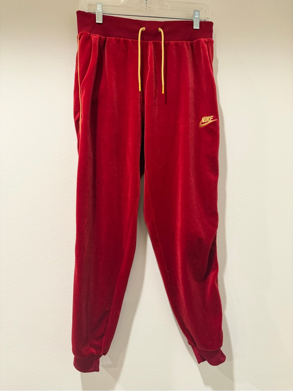 Nike Red Velour Track Joggers with Yellow Logo